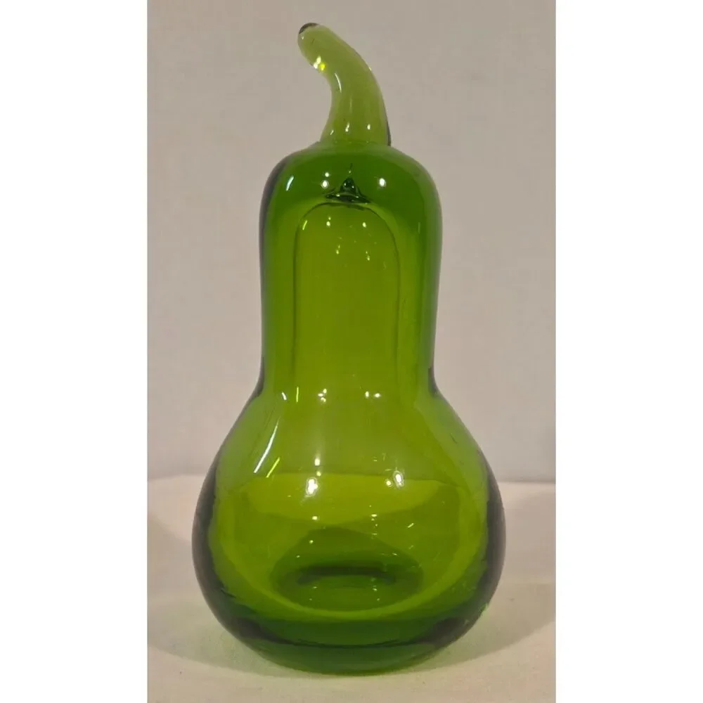 Vintage Hand Blown Green Art Glass Pear Mid Century Decor